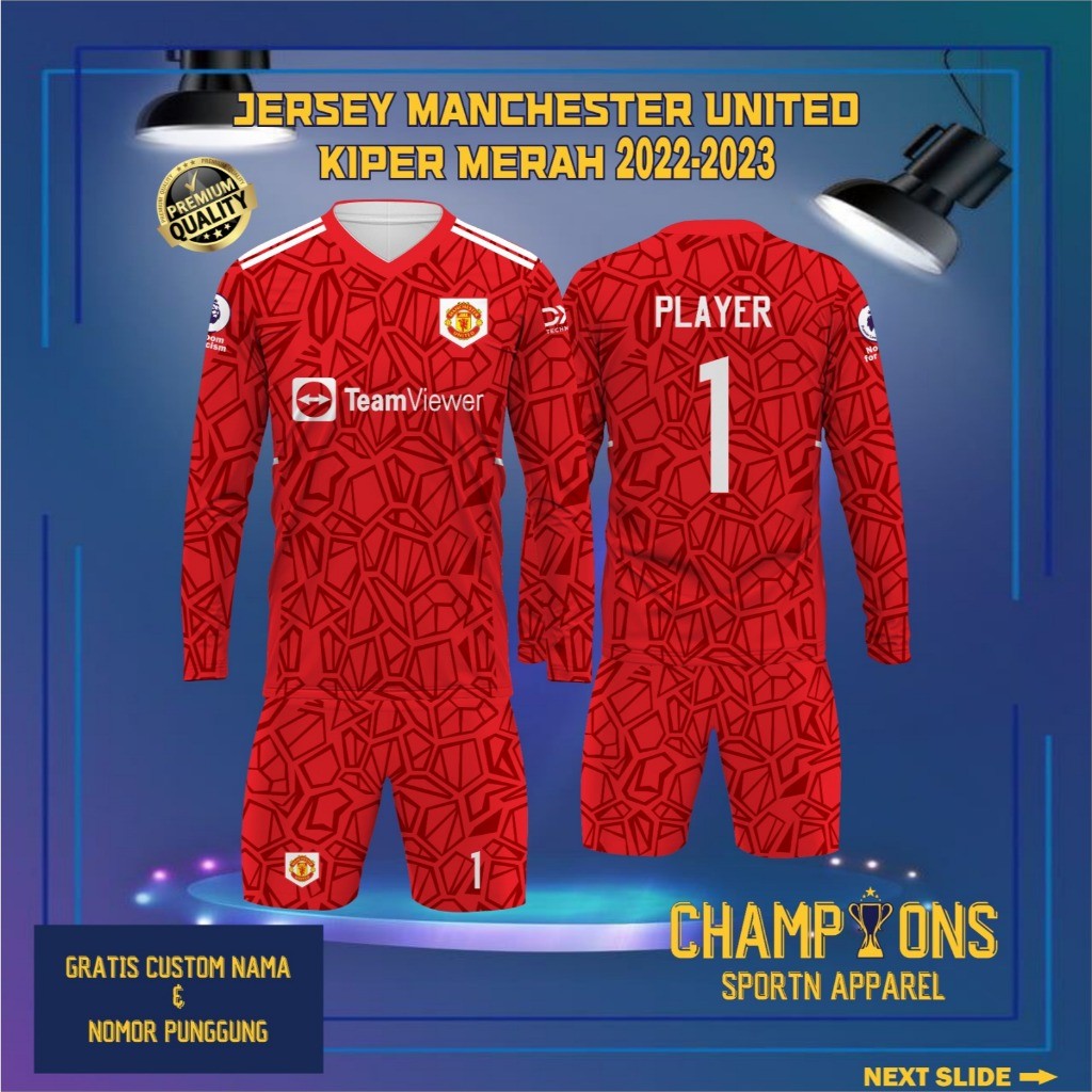Jersey Sepak bola custom KIPER MANCHESTER UNITED MERAH 2022-2023 Lengan Panjang  – Full Printing Dry