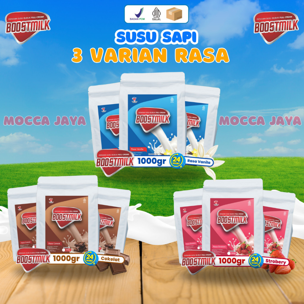 

BOOSTMILK SUSU SAPI BUBUK PENAMBAH NAFSU MAKAN DAN PENNGEMUK BADAN KEMASAN 1KG/1000GR 3 FOVORIT RASA