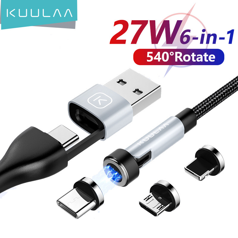 KUULAA 6 in 1 Magnetic Charging Cable 540° Rotate 27W Fast Charge For iPhone Type C Micro USB Magnet
