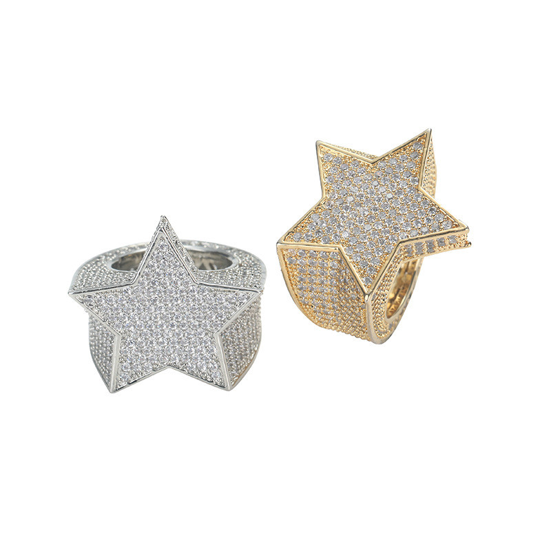 Cincin Pentagram Cincin Bintang Pria Cincin Hip Hop Tembaga Zircon Cincin Bintang