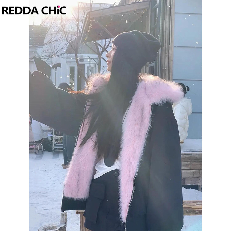 ReddaChic Reversible Women Faux Fur Coat Hooded Cropped Zip-up Fleece Lined Windproof Moto Biker Bom