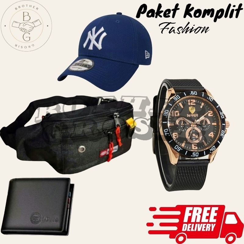 (PROMO PAKET PRIA TERKOMPLIT) 6 in 1/Jam Tangan Pria/ Jam Pria Keren Gratis Tas Selempang,Topi Distr