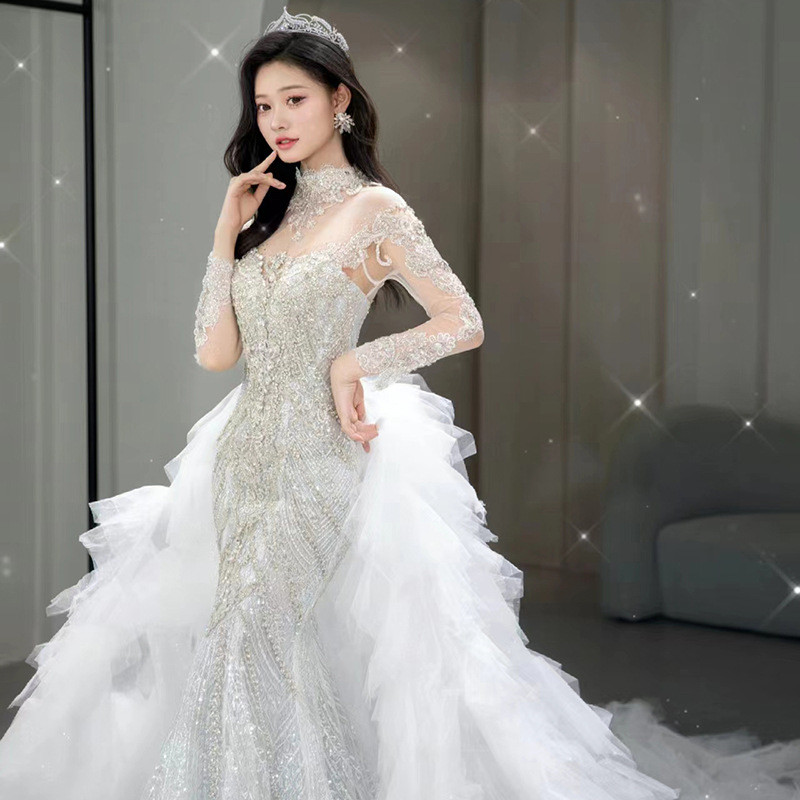 White Mermaid Wedding Dress Duyung Gaun pengantin Langan Panjang Ekor Panjang Gaun Pesta