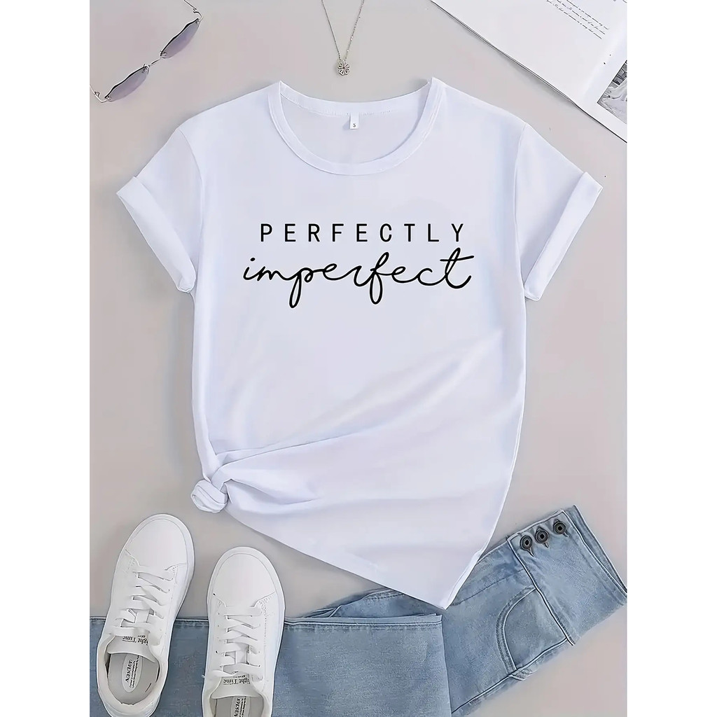 Kaos Wanita Musim Panas Pola Huruf, Atasan Olahraga Leher Bulat Santai