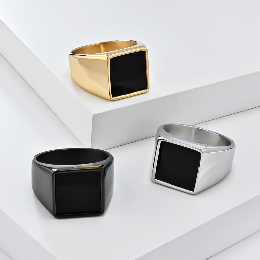 Cincin Pria Perak Persegi Batu Akik Hitam Pemolesan Permukaan Fashion Sederhana Santai Perhiasan Har