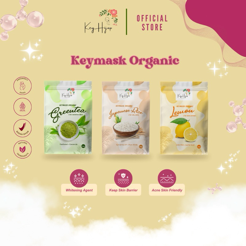 (BPOM) KEYMASK ORGANIC MASKER WAJAH ORGANIK BUBUK WASH OFF MASK KEYHIJUP GREEN TEA JAPANESE RICE LEM