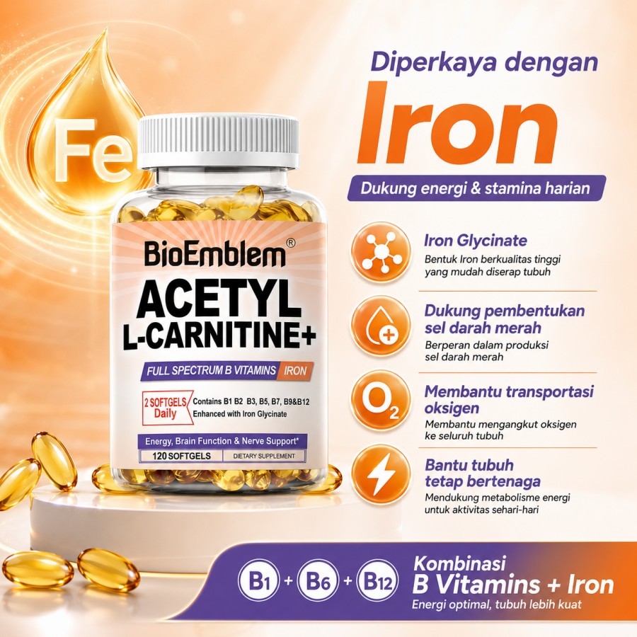 BioEmblem Acetyl L-Carnitine HCL 1250mg 120 Softgels, Vitamin Saraf Otak Tubuh, Bantu Jaga Stamina H