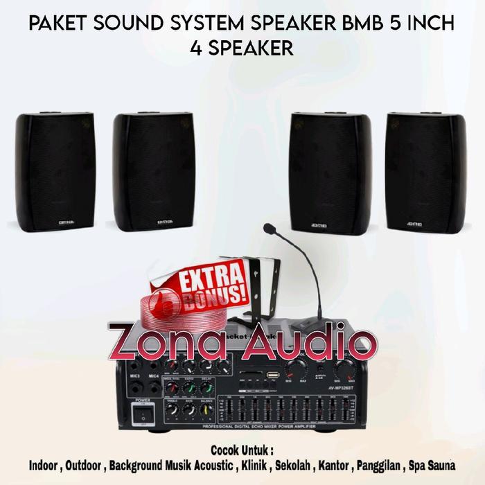Paket Sound Cafe Resto Panggilan Speaker BMB 5 Inch 4 Speaker Amplifier Usb Bluetooth Original ( BMB
