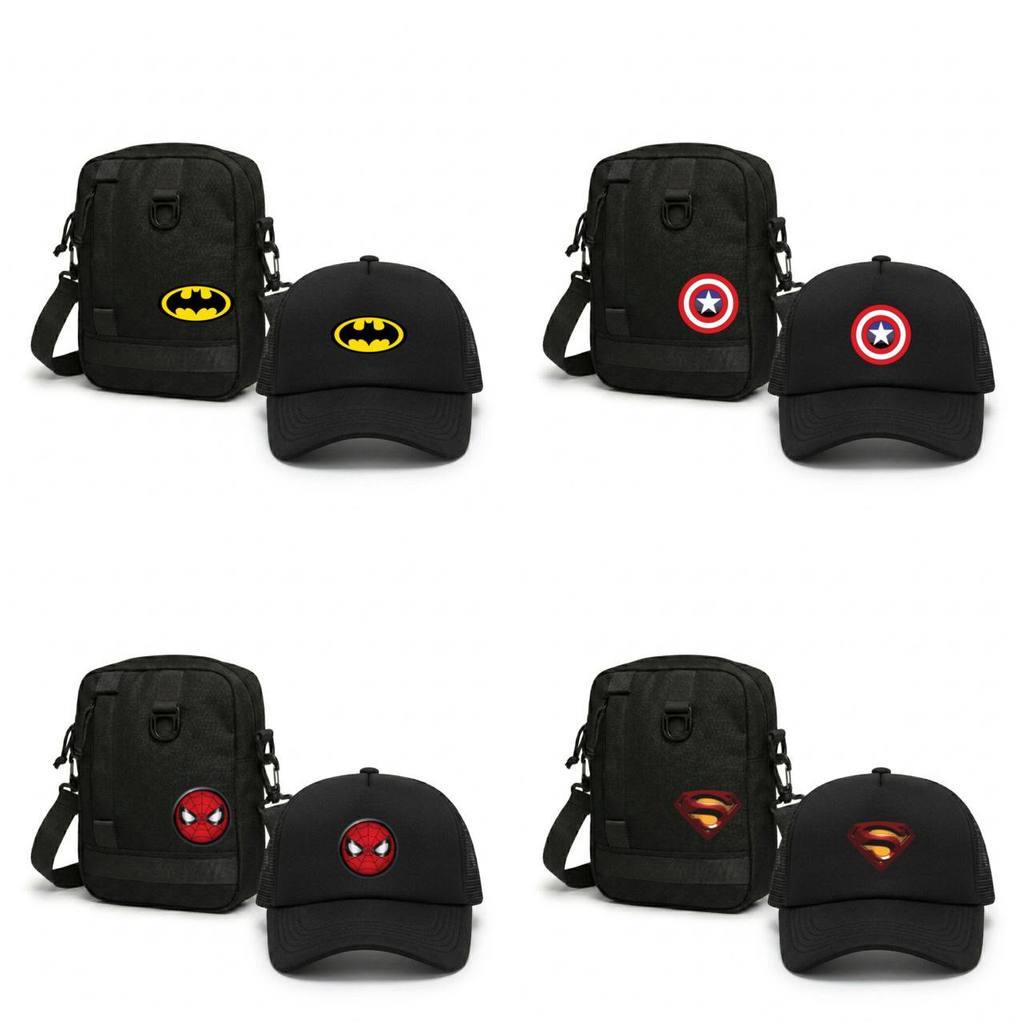 Abdullahbag - Paket Hemat Tas Selempang Anak Kotak Plus Topi Karakter Spiderman Batman Superman CA /