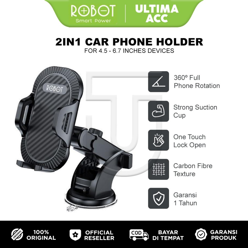 

ROBOT Car Holder HP Mobil RT-CH12 Dudukan Phone Stand Mount Handphone Universal Kaca Dashboard 360 Rotatable Suction Cup