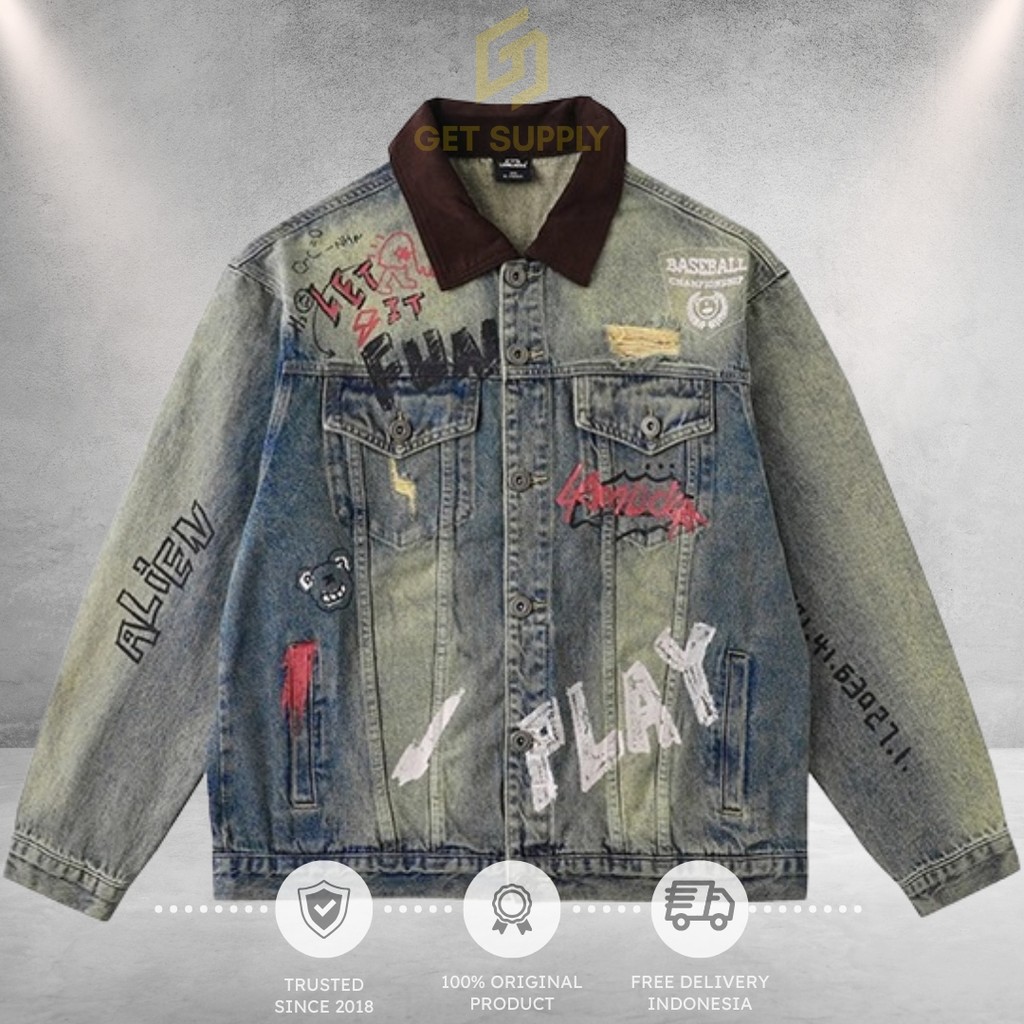 LAMLICKA RIPPED JAKET DENIM JACKET DESTROY HAND PAINTED STREETWEAR IMPORT BRANDED ORIGINAL UNISEX