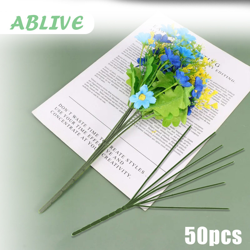 50pcstangkai Bunga Cabang 7 Tangkai Daun Polos Plastik Tangkai Bunga Artificial Kawat Bunga Tangkai 