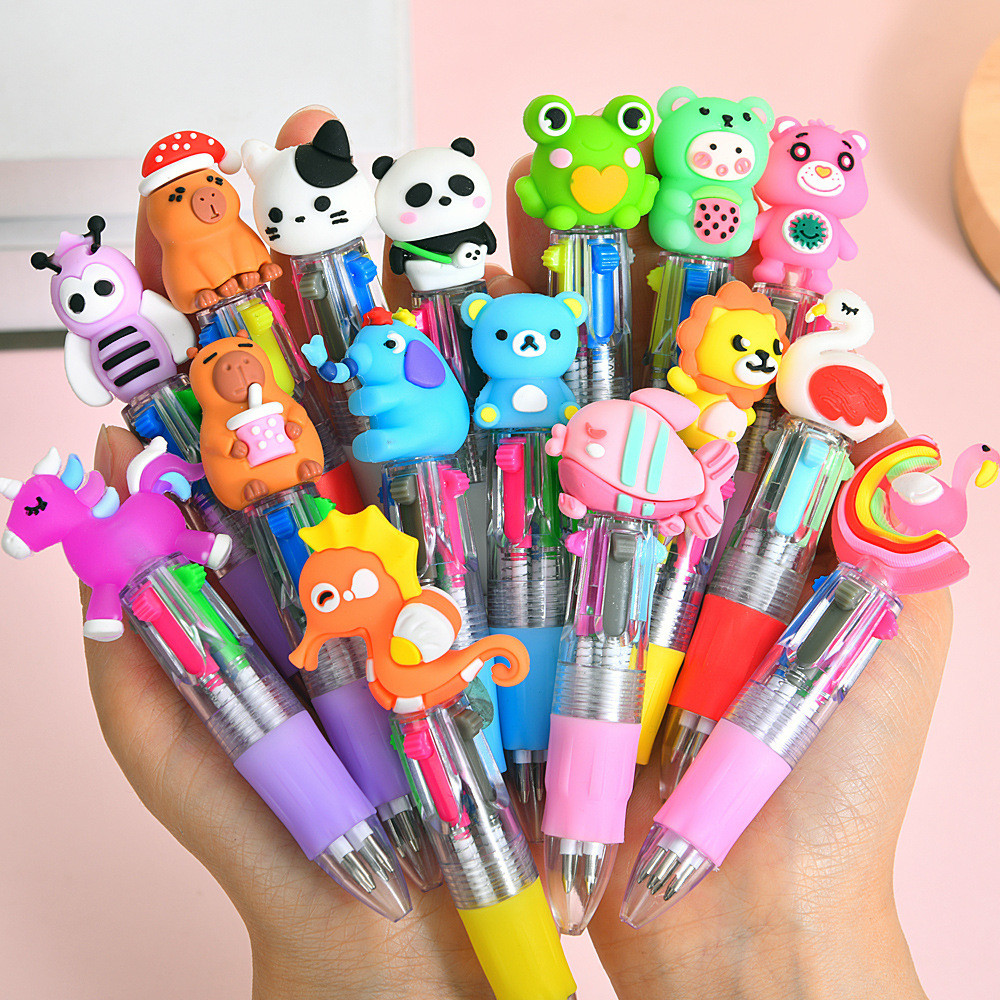 

30Pcs/Lot Cute Mini Four Color Press Ballpoint Pen Kawaii Cartoon Animal Color Pens Student School Stationery Kids Prize Gifts