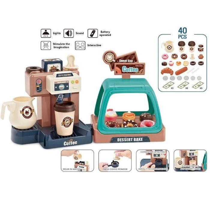 Mainan Anak Mesin Kopi & Kafe Mini Pretend Play Kasir & Jualan Dessert Kue Donat Kids Toys Kado Ulan