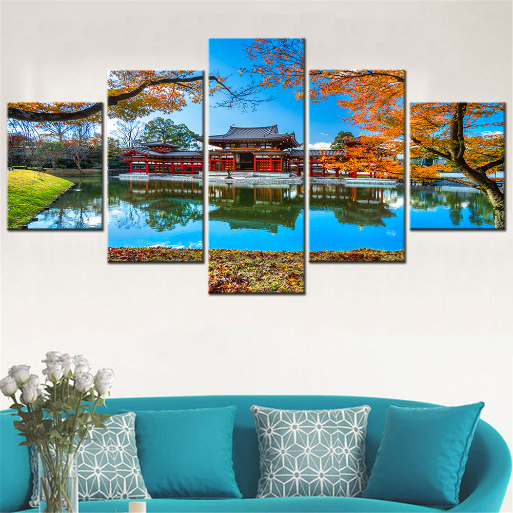 

5Pcs Byodo-in-Temple-Japan-Landscape-Painting Canvas Wall Art Set Aesthetic Living Room Decor Home Decoration Photo Frames