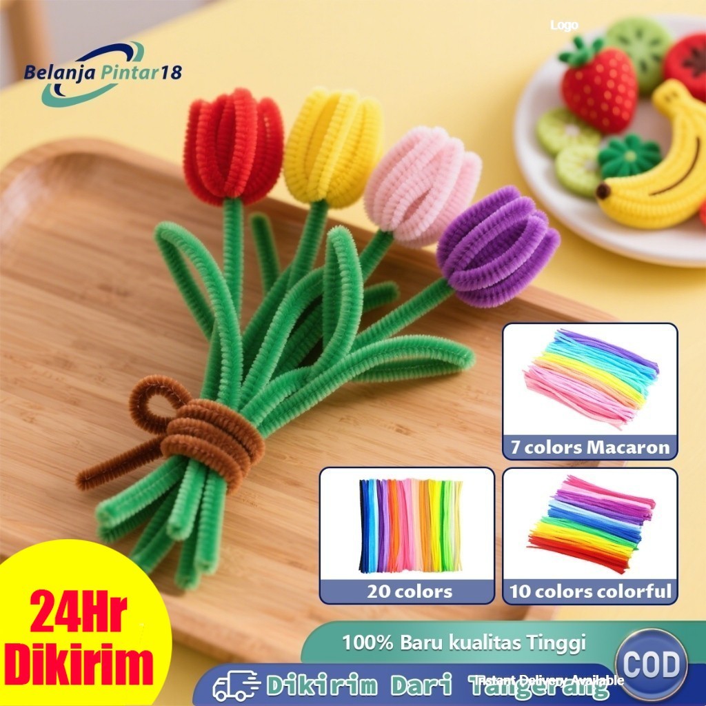 

100pcs 8mm Kawat Bulu Warna Pipe Cleaner 30cm Premium Hijau Tua Orange Coklat Bunga Pastel Rainbow