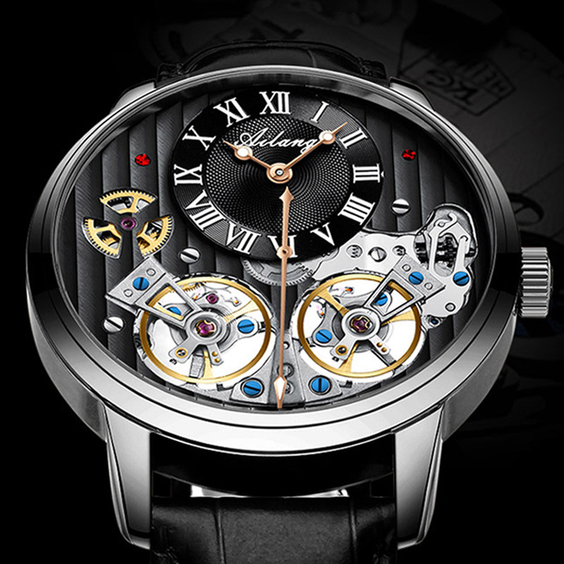 AILANG Double Tourbillon Men Watches Leather Wrist Mechanical Watches Automatic Flying Tourbillon Wa