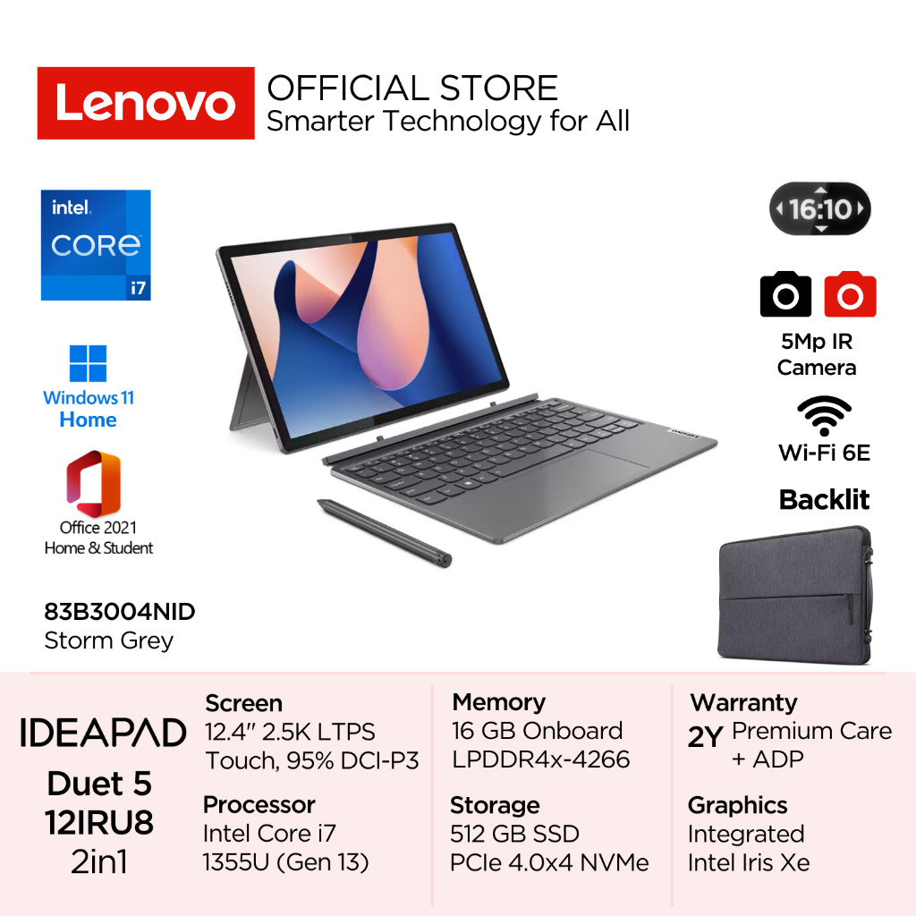 Lenovo 2in1 IdeaPad Duet 5i 12IRU8 4NID Intel Core i7 1355U Win11 16GB 512GB SSD 12.4" 2.5K LTPS 500