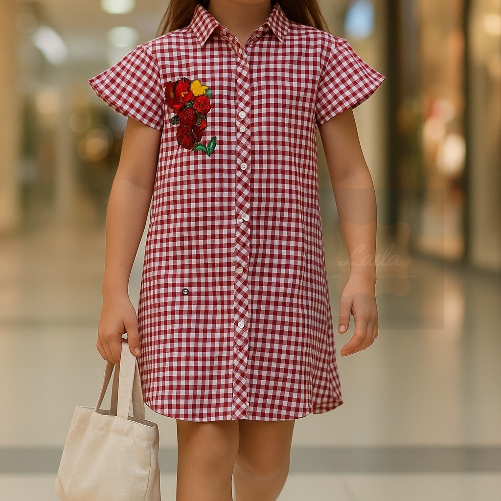 Dress Anak Perempuan Tunic katun kotak-kotak aplikasi bunga