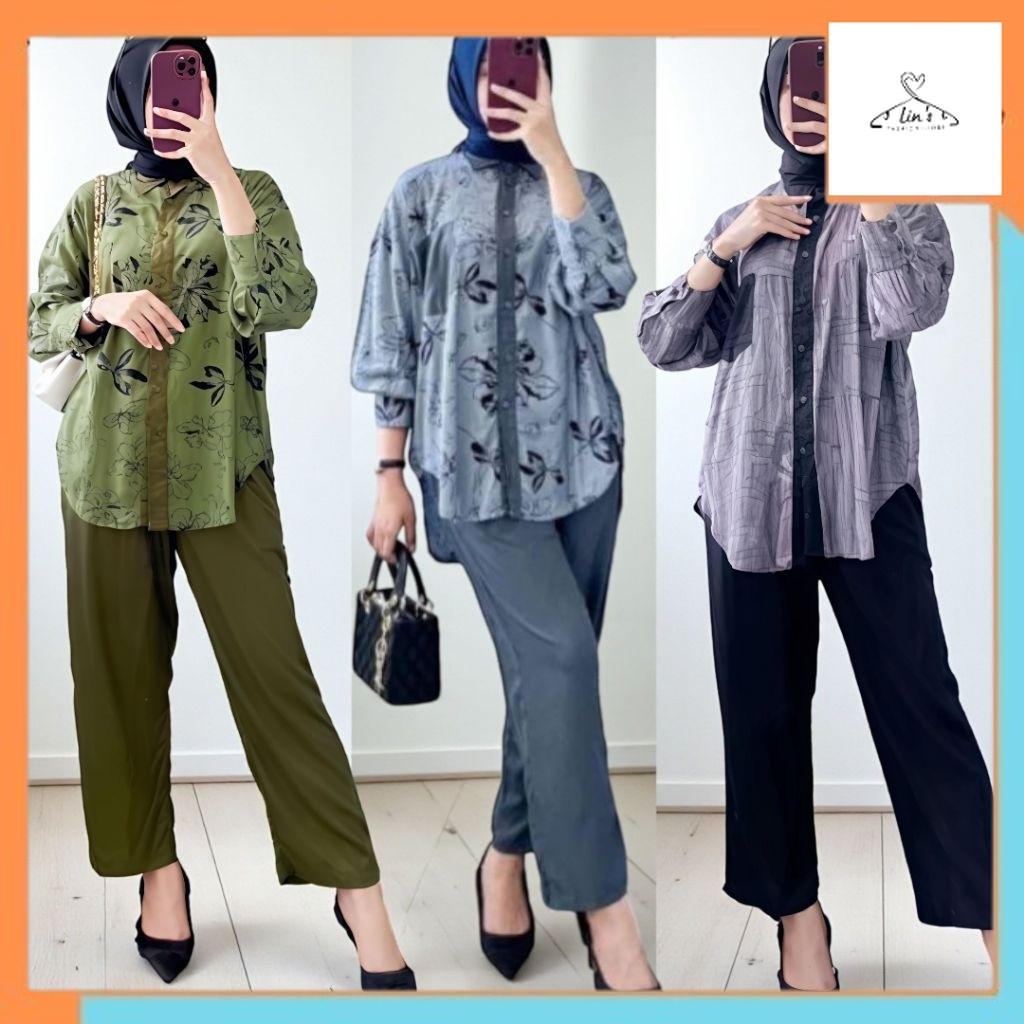Baju Cewek Korean Style Nadine Set - One Set Wanita Kemeja Rayon Premium Setelan Baju Set Celana Pan