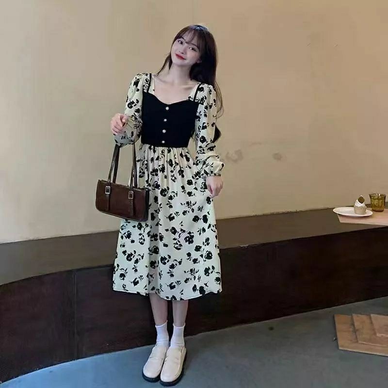 Derss Bunga Vintage Hitam#Dres Lengan Panjang#Dres Korea Kekinian#Terbaru