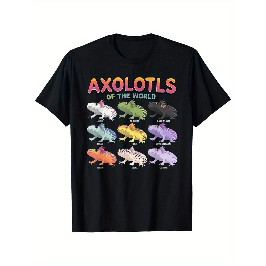 Kaos Pria Dunia Axolotl - Gambar Axolotl Kartun Lucu Lengan Pendek Warna-warni (Coklat, Pink, Hijau,