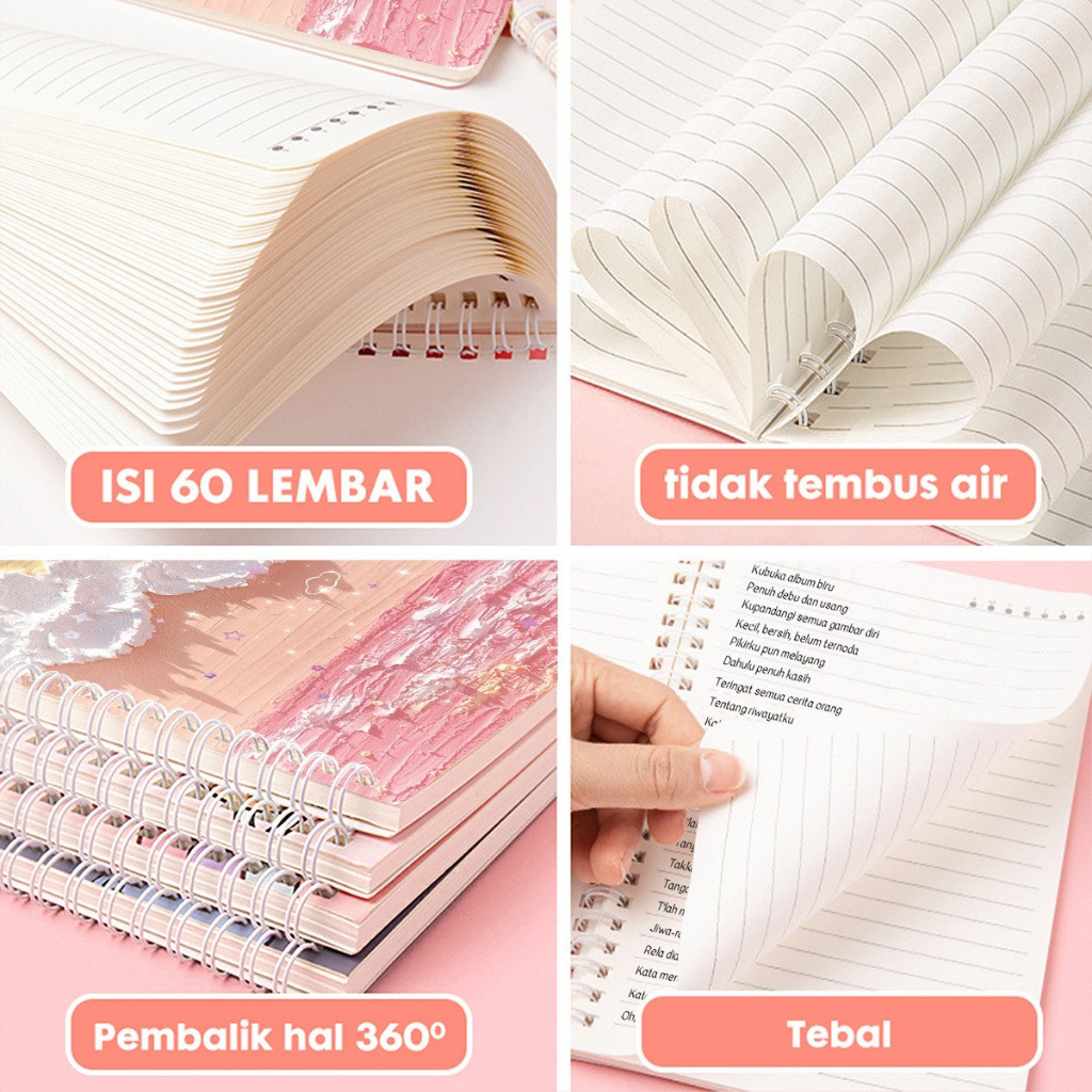 

Buku Tulis A5 Catatan Notebook Ring Spiral / Buku Agenda Journal Notebook A5 - 1 Paket 4 Pcs