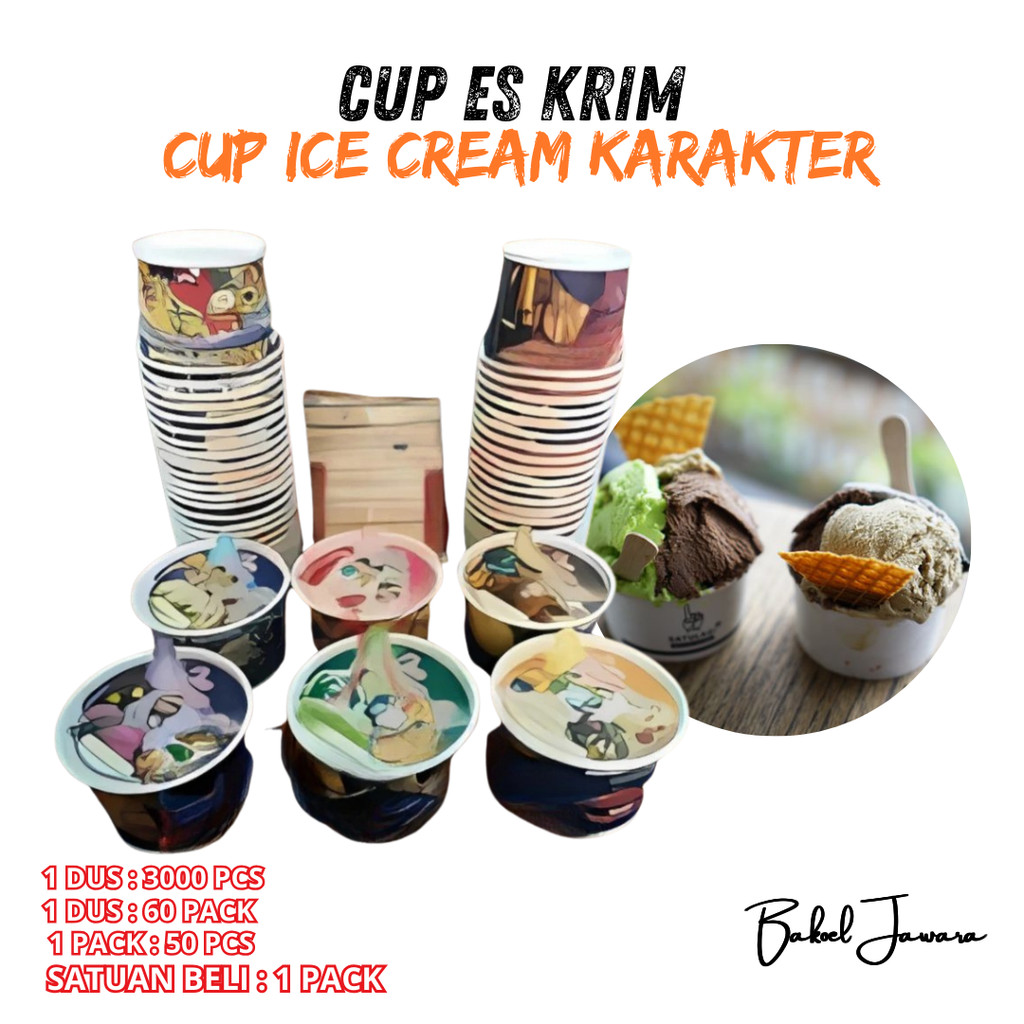 ( 1 PACK 50 PCS ) PAPER CUP ICE CREAM 2.5 OZ / DESSERT MINUMAN KEKINIAN / BOBA JELLY KARAKTER LUCU