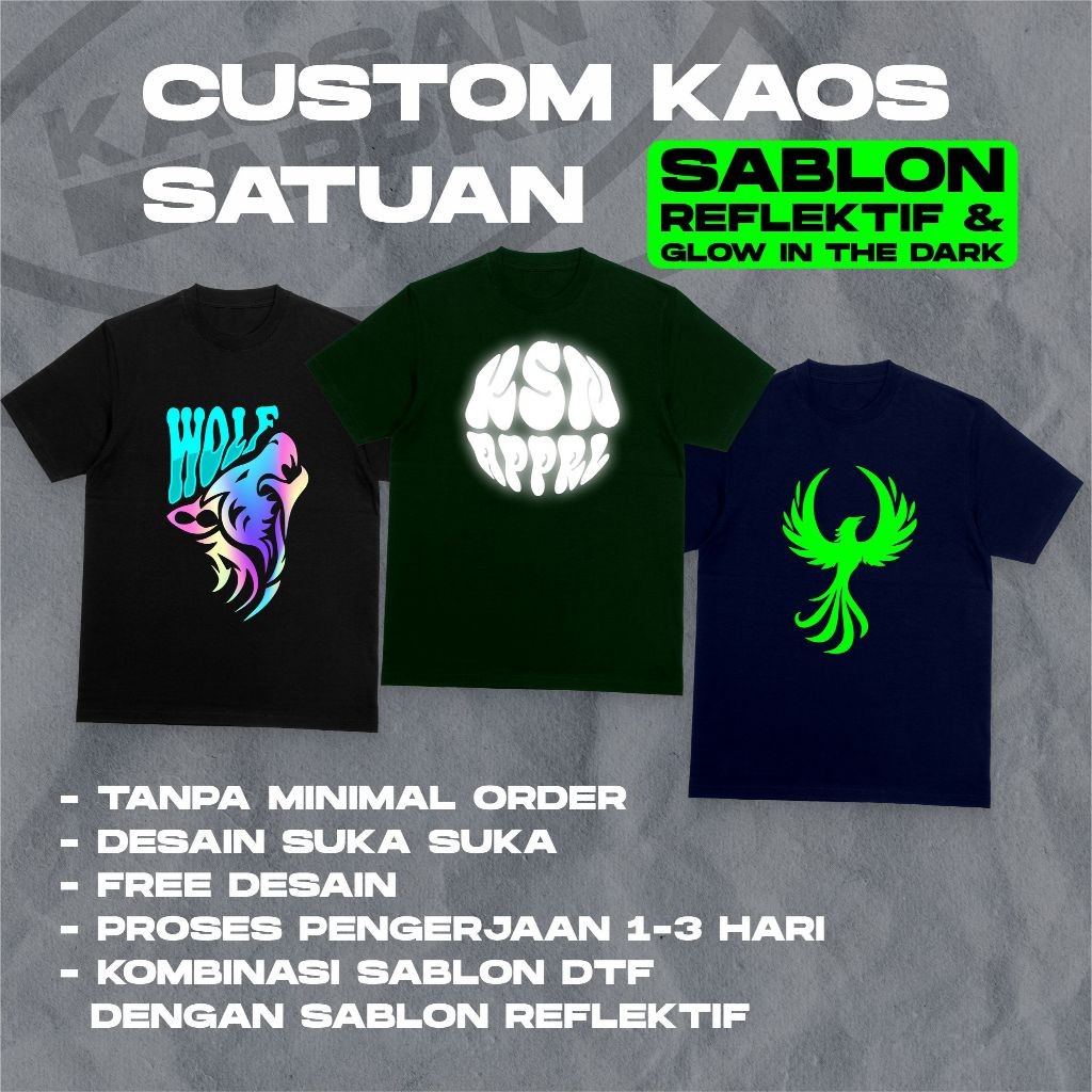 Kaos Custom Satuan Sablon Hologram Reflektif / Custom Kaos Nyala Hologram / Sablon Satuan Glow In th