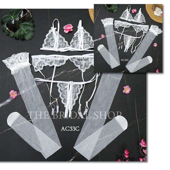Garter Belt Stocking CD Bra One Set Aksesoris Costume Lingerie Putih AC33C