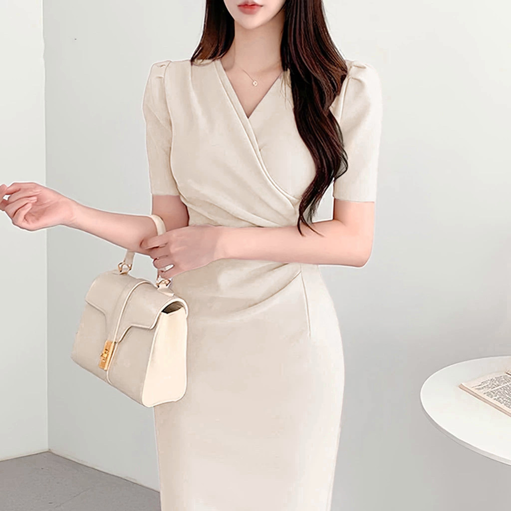 Midi Dress Kekinian Terbaru 2025 V Neck Korea Dress Press Body Pantai Wanita Dress Elegant Casual Dr