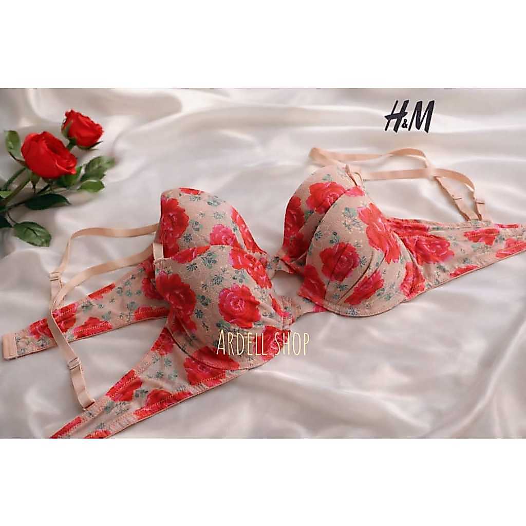 BH Wanita HM Kawat Busa Tipis Full Cup Motif Bunga Nude Bra H&M Original 34B 36B 36C - NMB