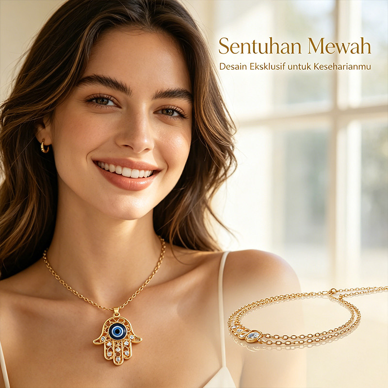 Kalung Mata Iblis Biru Turki Telapak Hati Berlian Emas Tetes Minyak Pelindung Elegan Aksesoris Wanit
