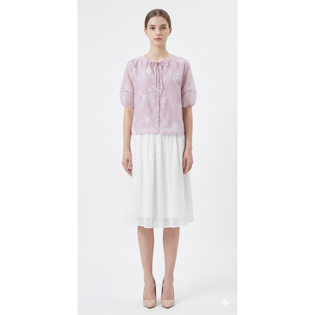 C/S S/S FLO EMB BLOUSE W/ LACE TRIMS ATASAN WANITA CANTIK ELEGAN B00357