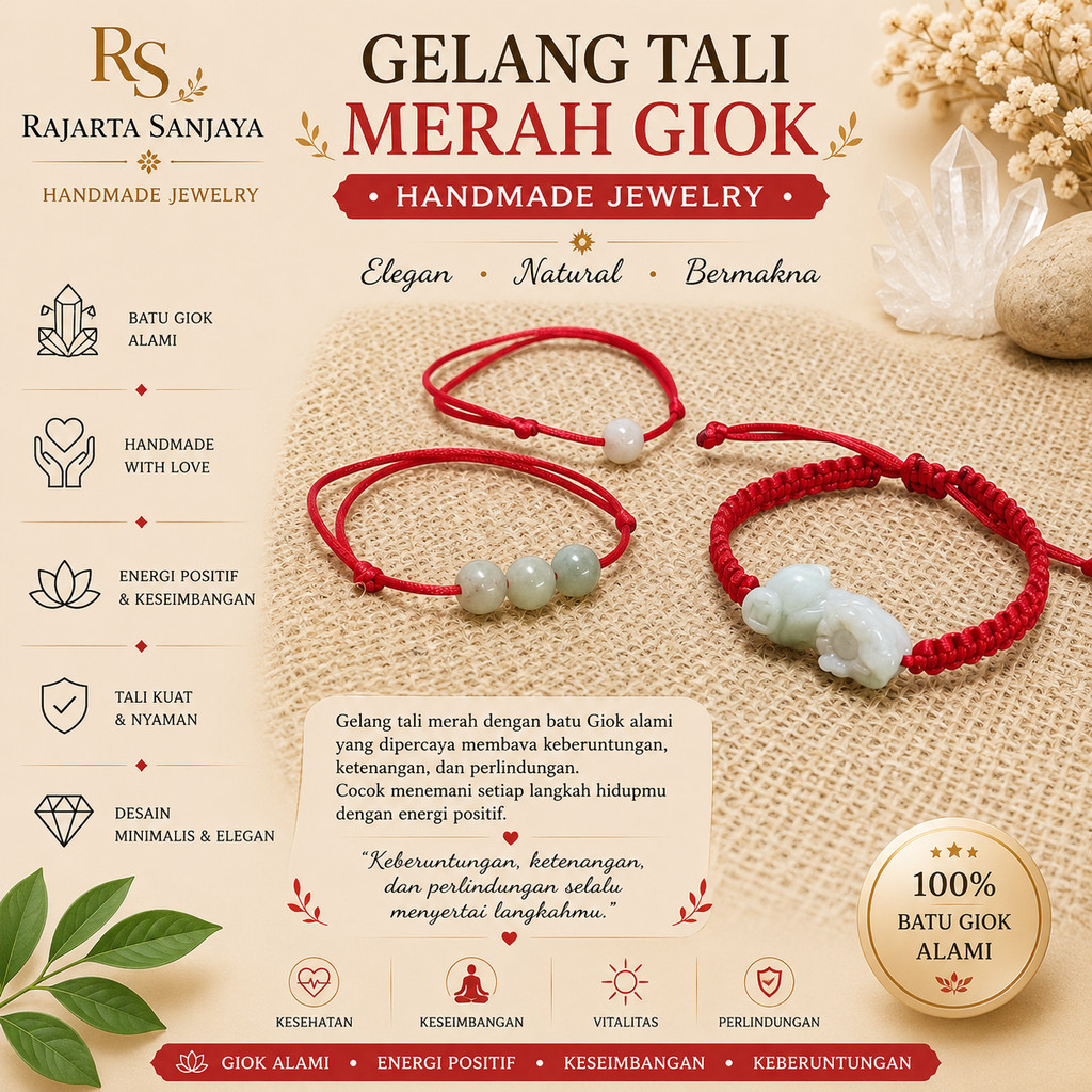 Gelang Tali Merah Keberuntungan Giok Myanmar – Handmade Feng Shui Protection Bracelet GL-99
