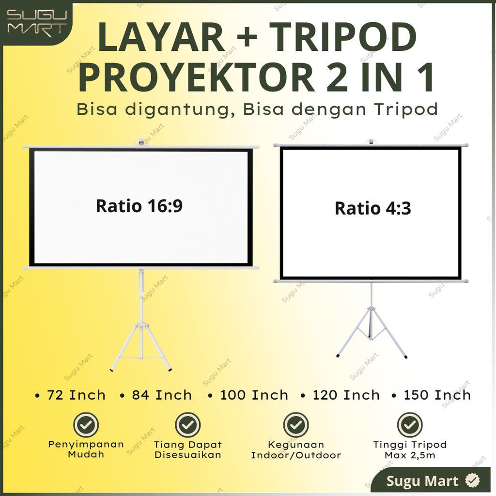 Layar Proyektor Plus Tripod 72 - 84 - 100 - 120 - 150 Inch Ratio 16:9 dan 4:3  | Tripod Screen Proje