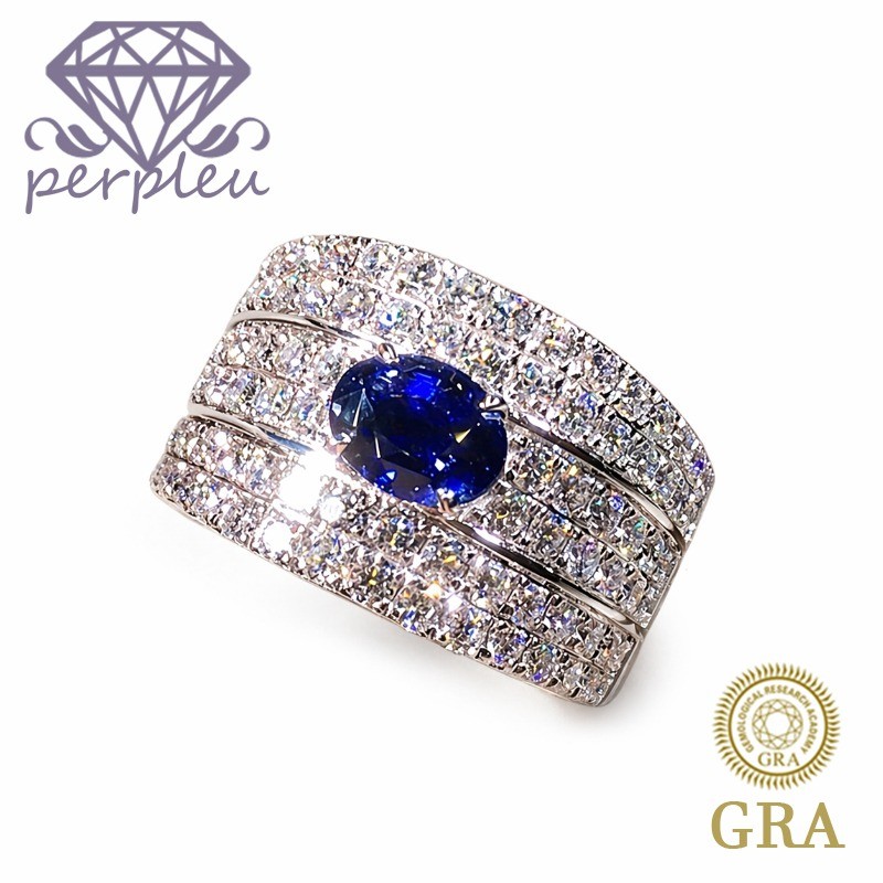 Sertifikat GRA Gratis Cincin Wanita Pita Lebar Tiga Lapis Berlian Penuh, Bertatahkan Moissanite Biru
