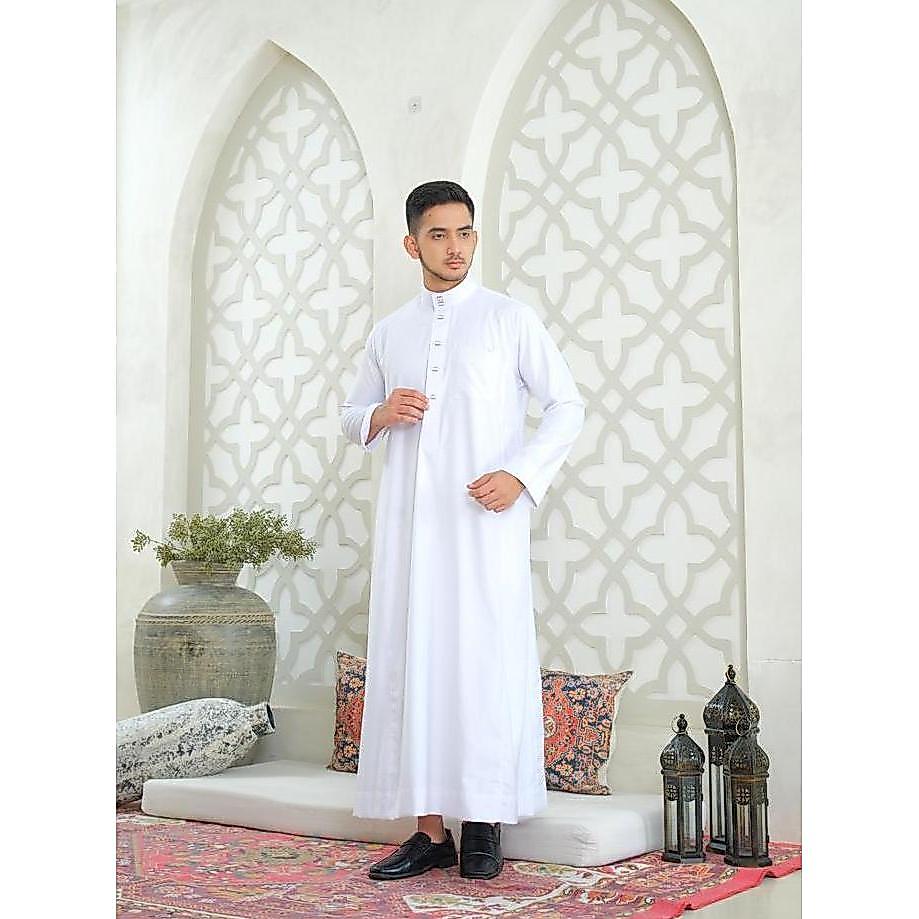 Sure- Al Haramain Series Semi Wol Thobe Hassan Jubah / Gamis Pria Desa (241978/79/80) | Putih
