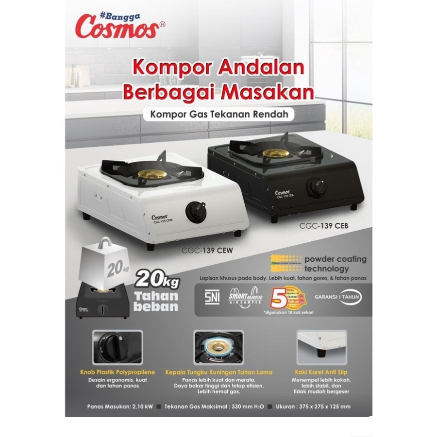 Cosmos Kompor Gas 1 Tungku CGC 139 CGC 139 CEB CEW Api Biru Gas Lpg