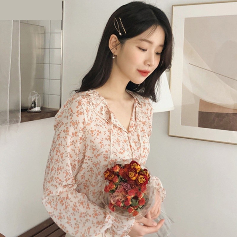 Air Swimwear XF008 Kemeja Sifon Blouse Wanita Korea Blouse Sifon Lengan Panjang Blus Wanita Musim Pa