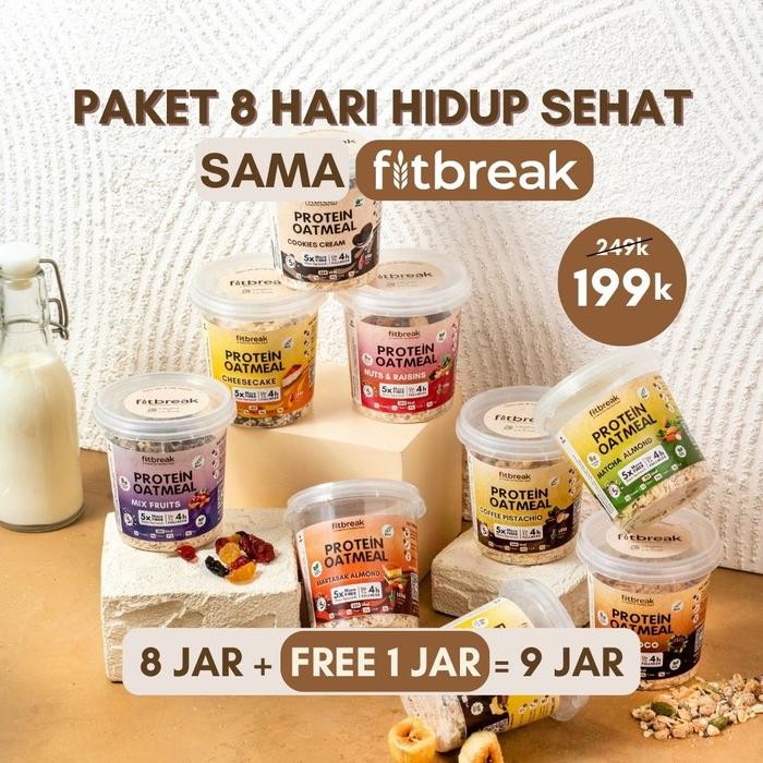 

PROMO! Fitbreak Paket 8 hari Hidup Sehat (Gratis 1 Jar) Ganti Cemilan dengan Fitbreak Protein Oatmeal