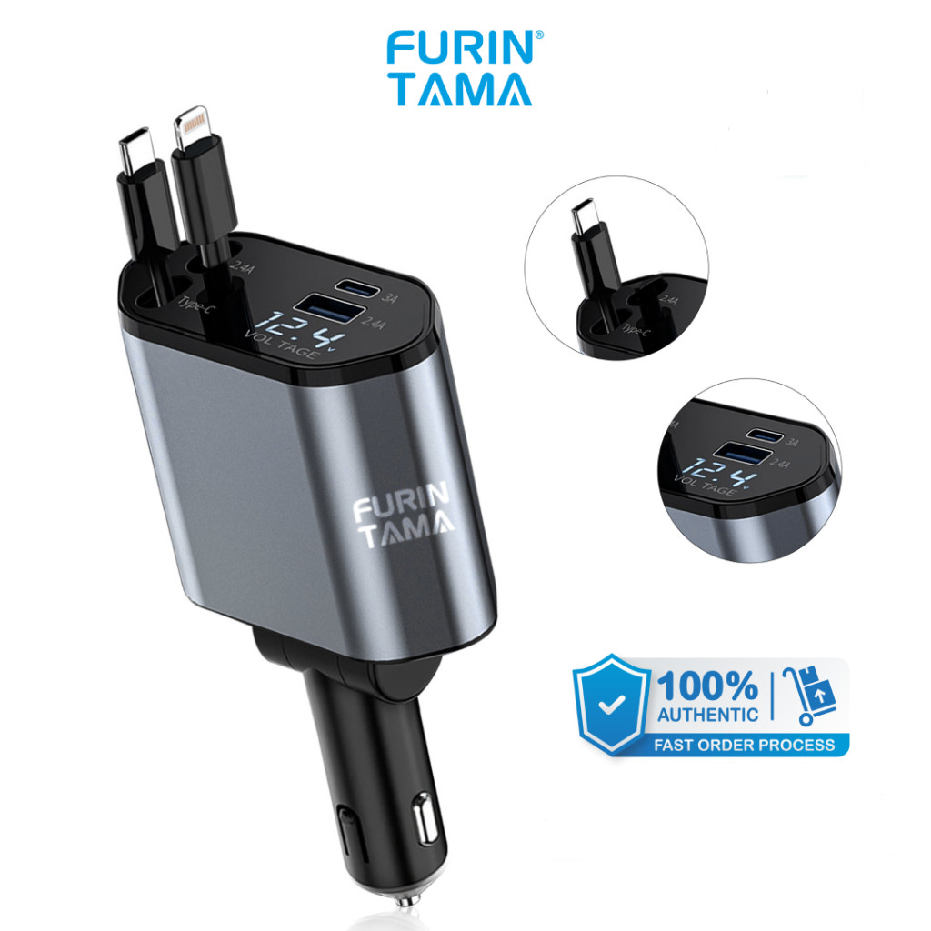 FURINTAMA Car Charger Mobil 4 in 1 Port USB IOS Android 120W Pengisian Super Cepat Kabel Tarik Ulur