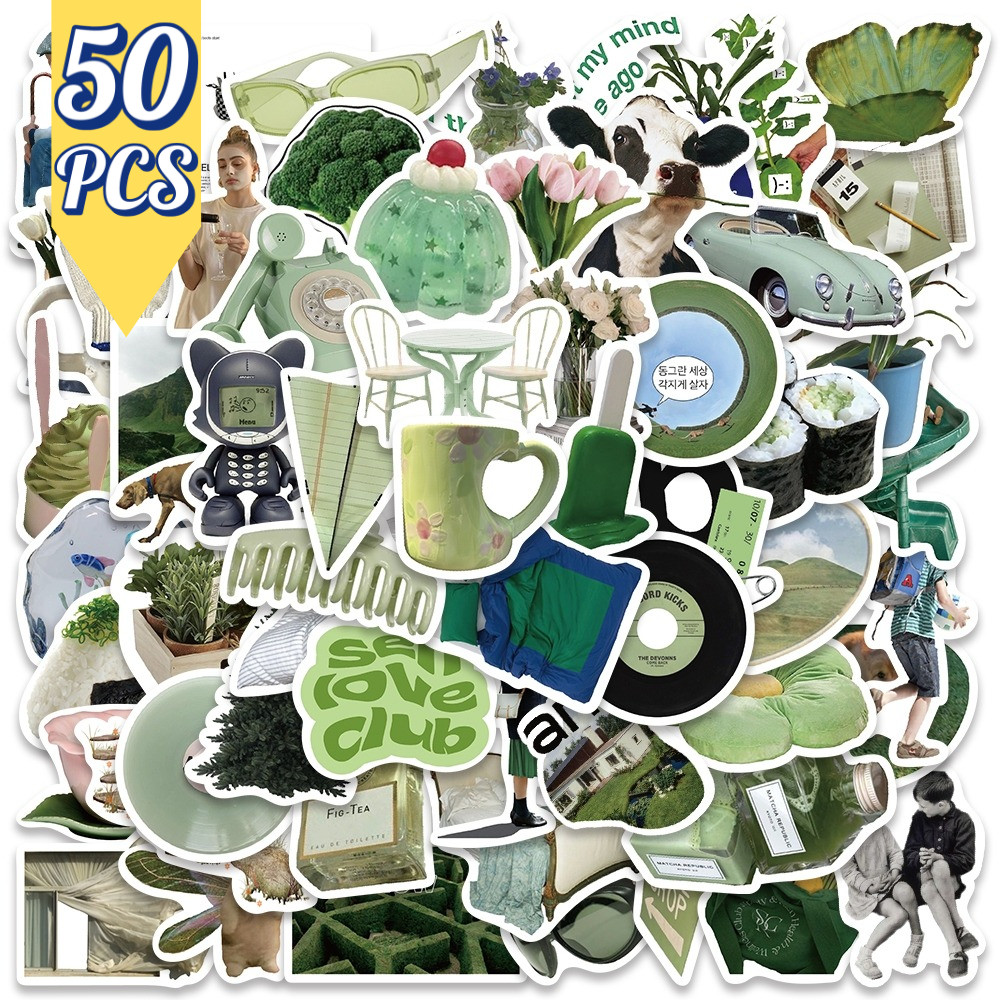 Sticker Pack 50 PCS | Stiker Hijau Aesthetic Lucu Waterproof untuk Motor, Helm, Laptop, Botol, HP