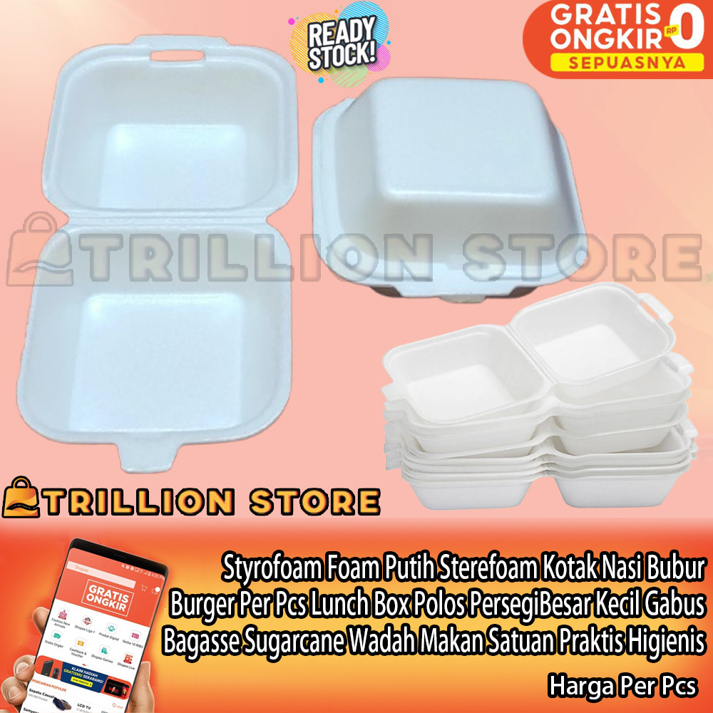 Sterefoam Styrofoam Foam Per Pcs Putih Lunch Box Kotak Nasi Bubur Burger Boks Wadah Makan Polos Pers
