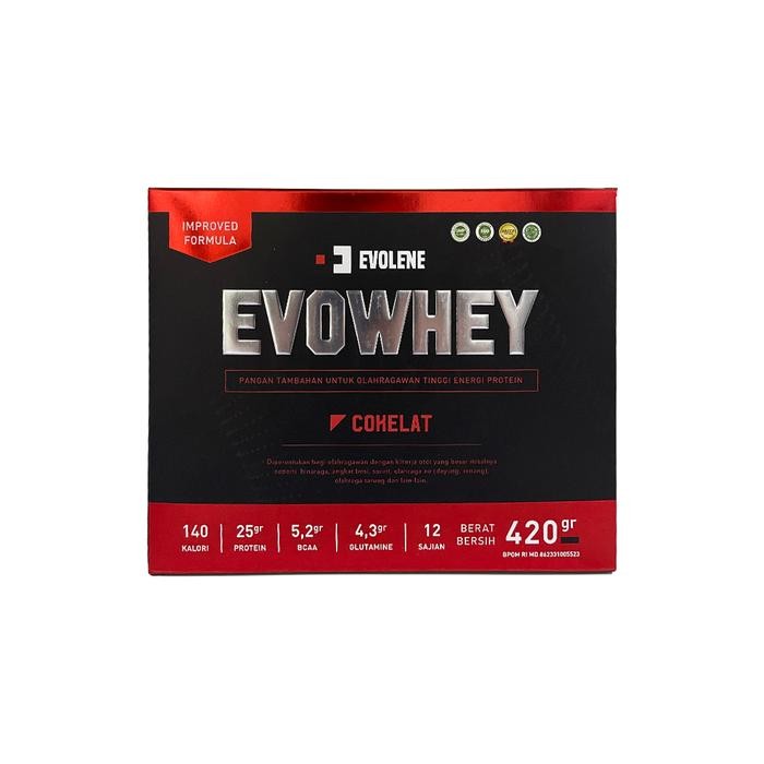 EVOWHEY 12 SACHET BPOM HALAL EVOLENE WHEY PROTEIN EVO EVOLINE 420 GRAM - Coklat, TANPA BONUS