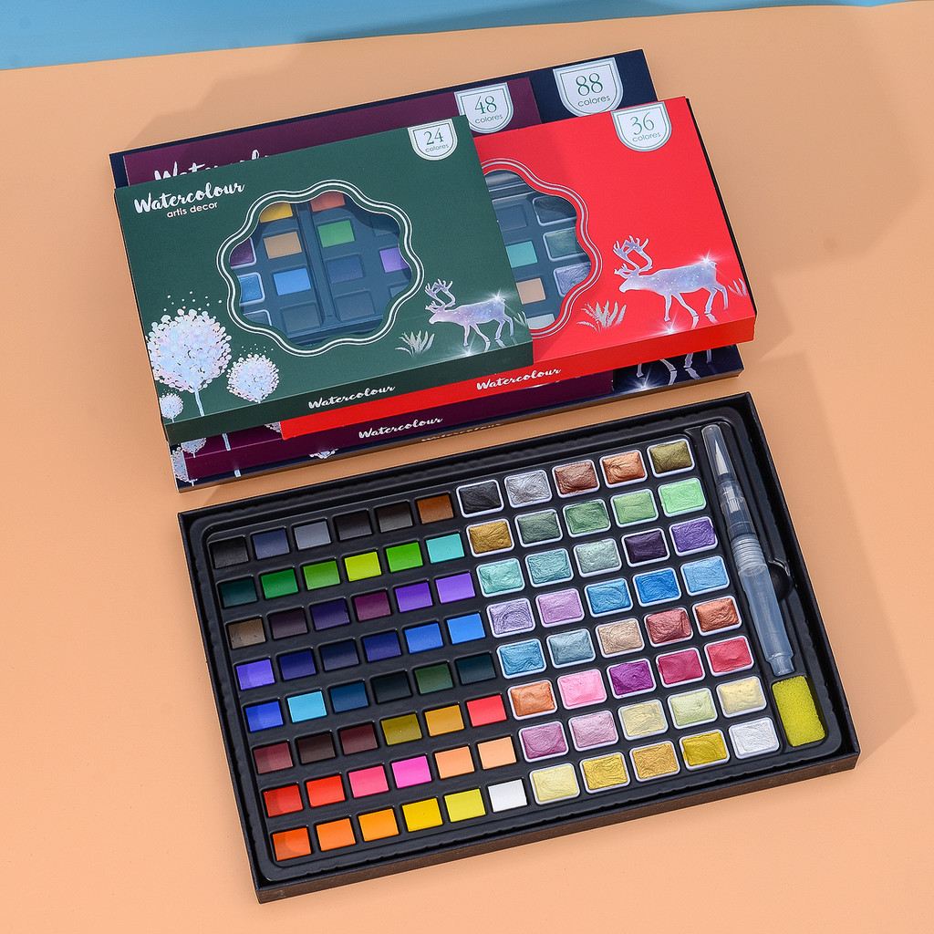 

88 Colors Watercolor Paint Set Metallic Pearl Solid Watercolor Pigment Including Water Brush Art Painting Supplies