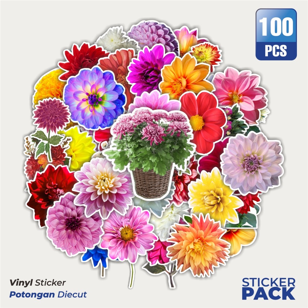 

MURAH 100 PCS Stiker Bunga Dahlia Flowers Waterproof Aesthetic- Untuk Laptop, Motor, dan Helm - Paper Stationery Pack
