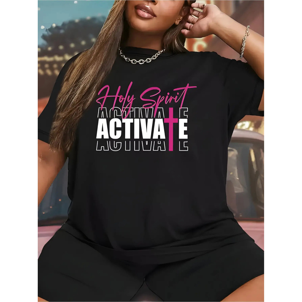 Kaos Hitam Wanita - Pola Religius yang Diaktifkan Roh Kudus - Atasan Lembut dan Elastis untuk Gereja