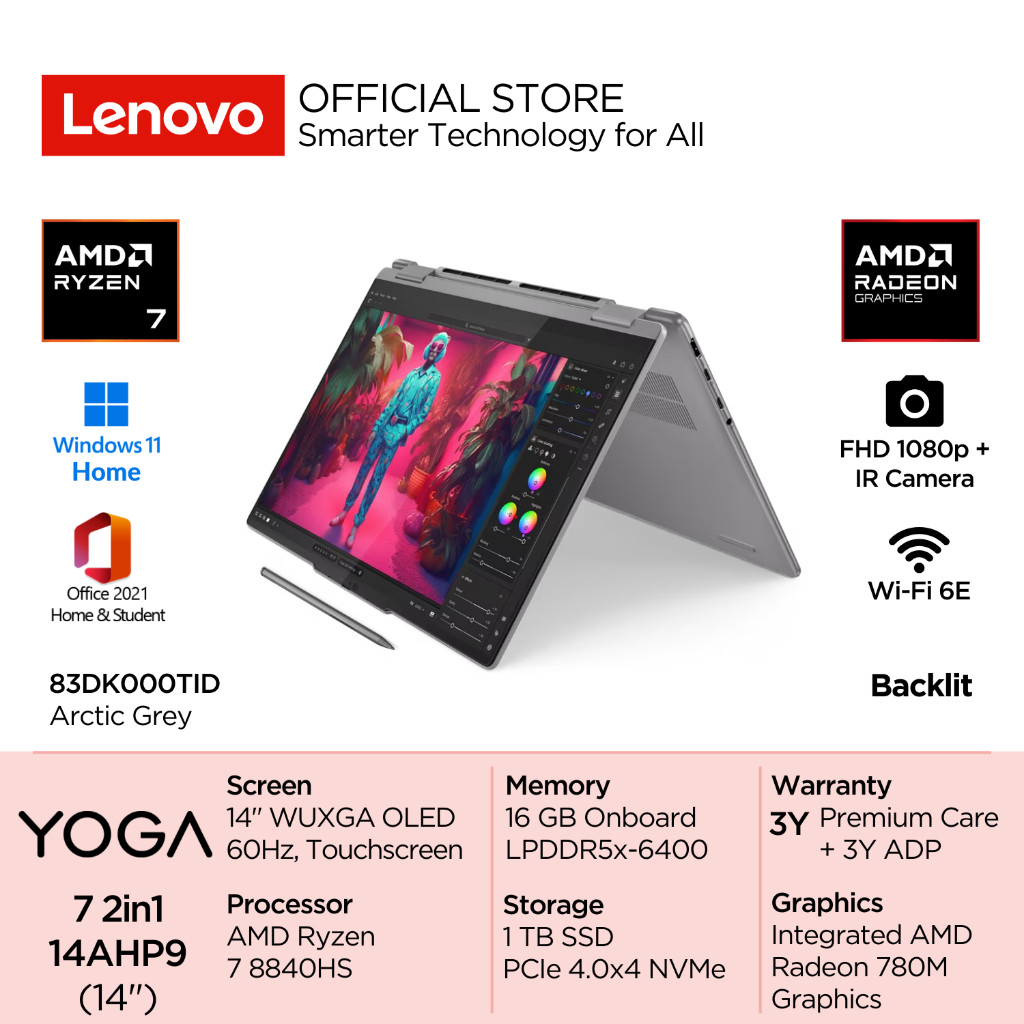 Lenovo Yoga 7 2in1 14AHP9 0TID AMD Ryzen 7 8840HS Win11 16GB 1TB SSD 14" WUXGA OLED Touch 100% DCI-P