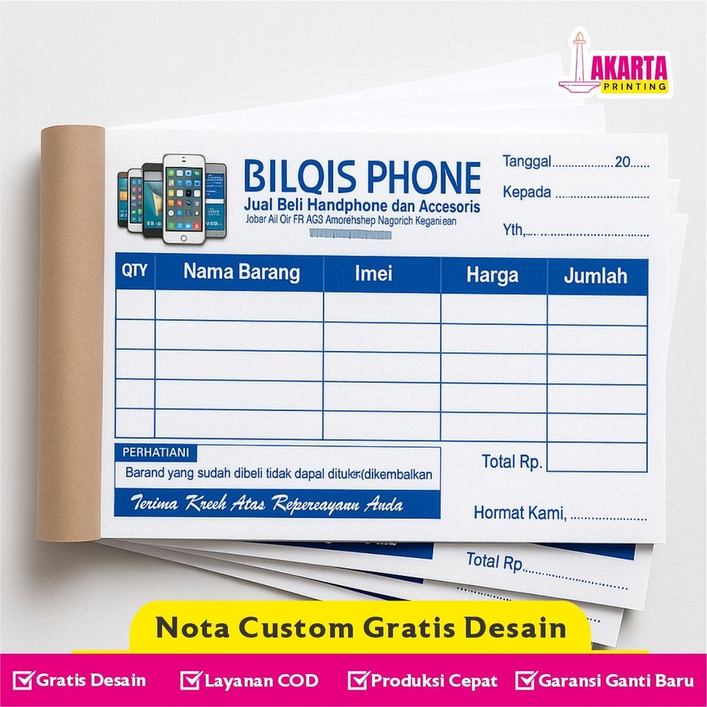 

Cetak Nota Custom 1/2 Gratis Desain dan Logo Bebas Nama Usaha Sendiri Nota Bon Toko Kwitansi Faktur